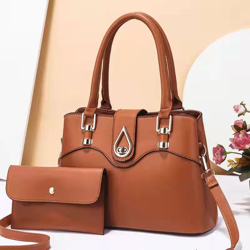 Set geanta + portofel de dama maro din piele ecologica eleganta cu detalii aurii Office Style ACGD342 image0